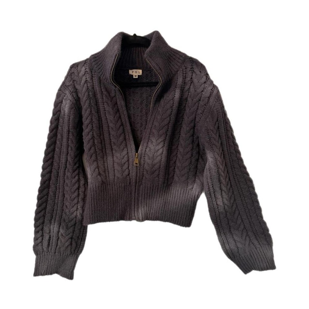 POL Navy Ombre Cable Knit Zip Up Cropped Sweater Mock Neck SO soft! Women's M